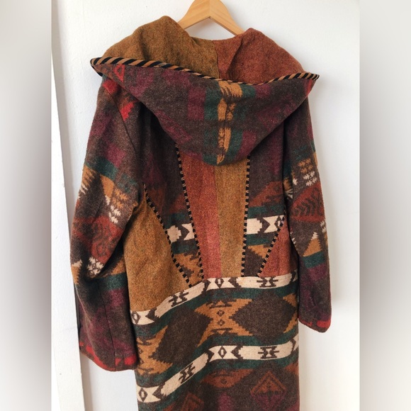 Vintage 80s 90s Southwestern Hooded Wool Blanket Coat / Wool Duster Coat - Picture 7 of 16